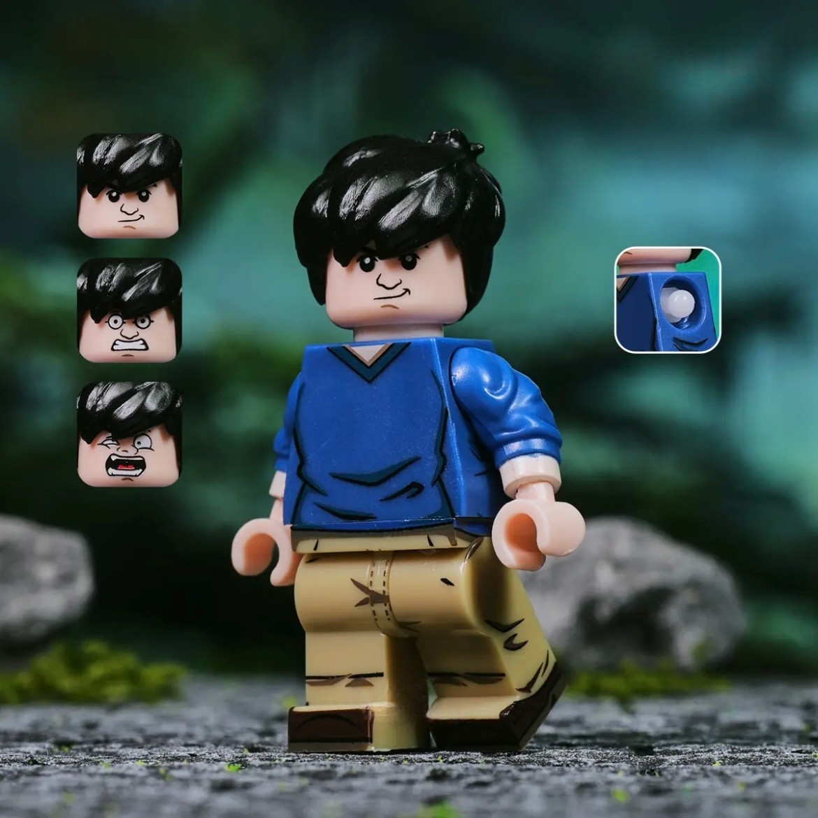 MOC Jackie Chan Adventures Jackie Chan Minifigure - Multi-Expression Swappable Head, Articulated Joints Collectible Building Block Figure