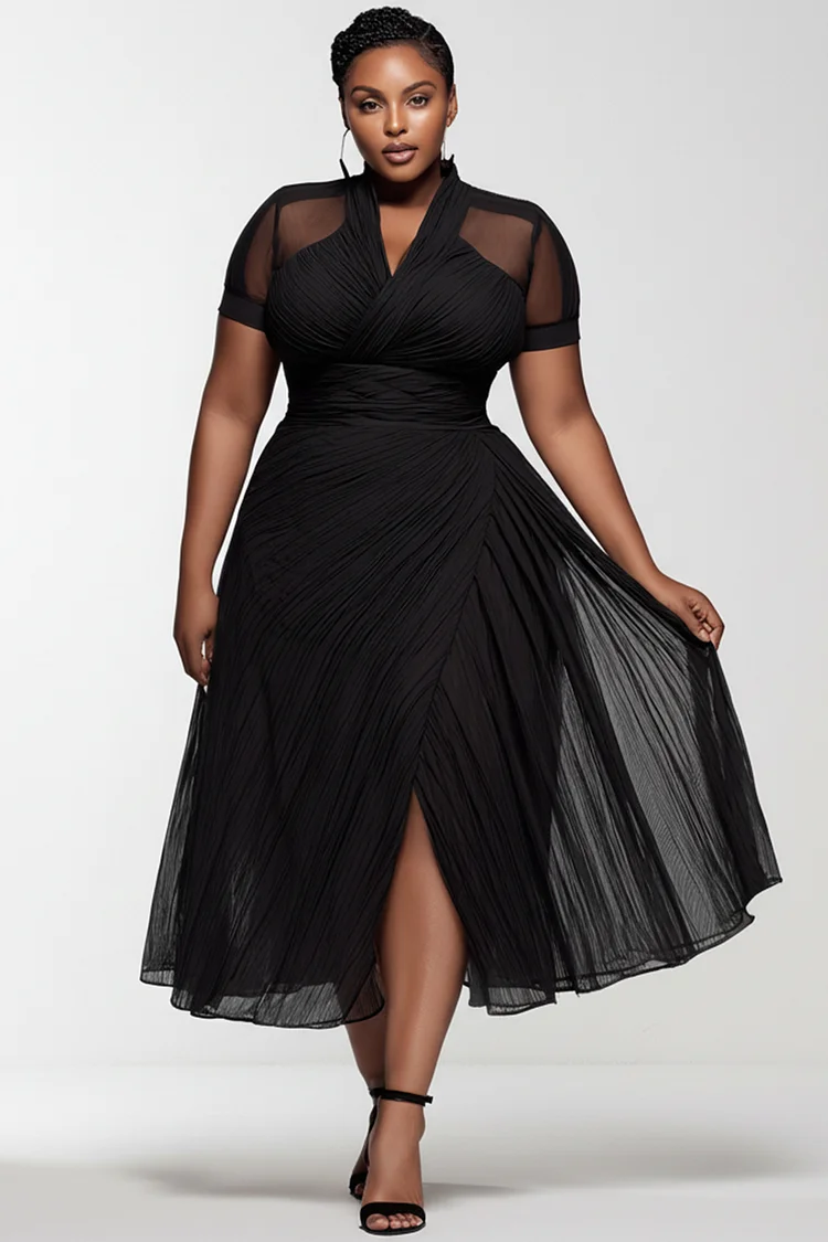 Xpluswear Design Plus Size Party Black V Neck Short Sleeve See Through Pleated Chiffon Midi Dresses [Pre-Order] 2024 - Xpluswear