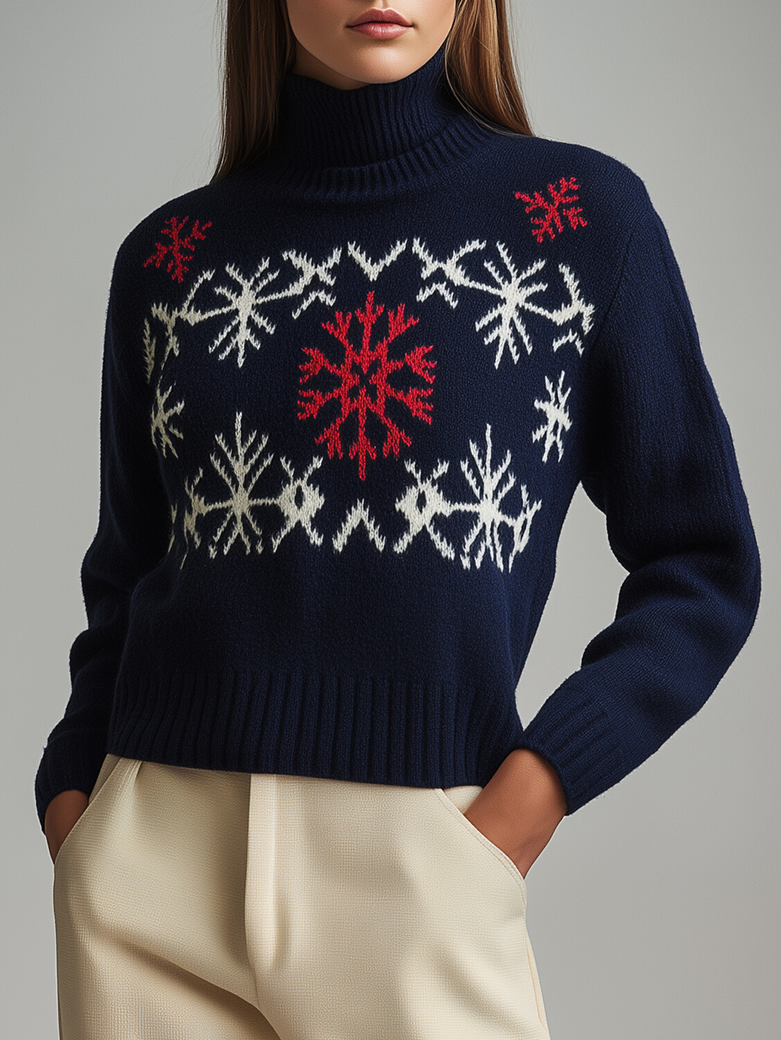 Ursime Snowflake Pattern High Neck Long Sleeve Knit Sweater