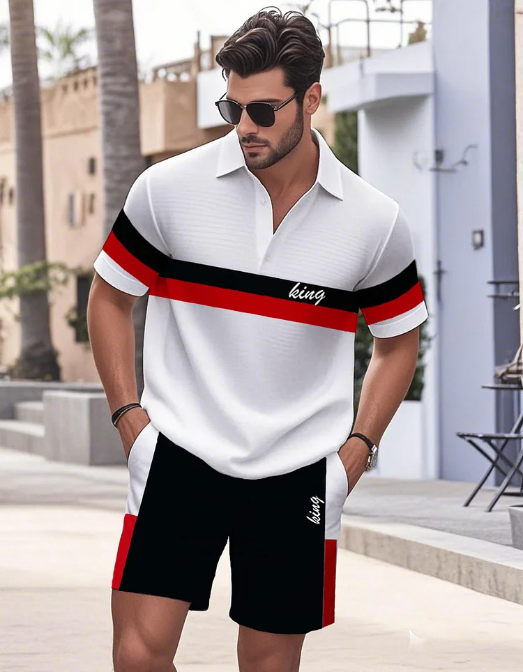 Men's Daily Casual Striped Alphabet Print POLO Collar Short Sleeve Shorts Suit