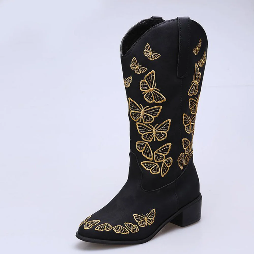 Smiledeer Autumn and winter new women's butterfly embroidered low-heeled knight boots
