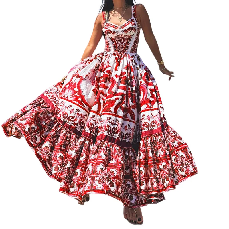 Woherb Woherb Spot 2024 Spring And Summer New Female Fashion Temperament Large Long Print Halenders Dress-Outfit Ideas