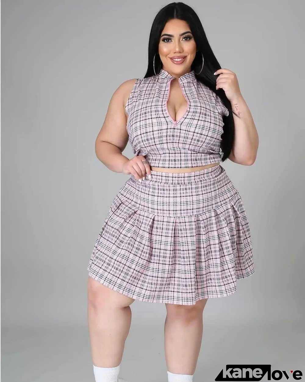 Plus Size Women's Plaid Print Zip Pleated Two-Piece Dress