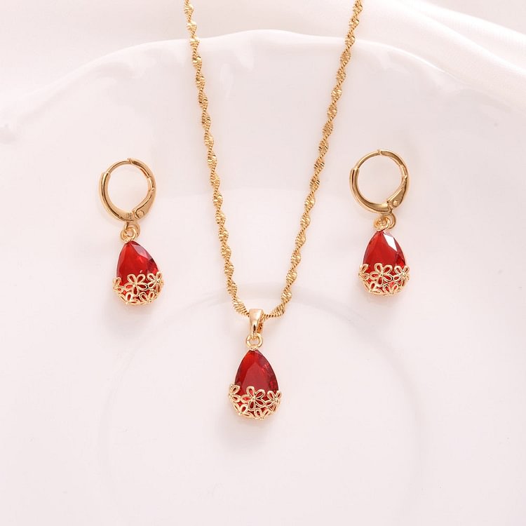 24k Gold cz crystal Waterdrop pendant necklace earrings Bridal jewelry sets for Women