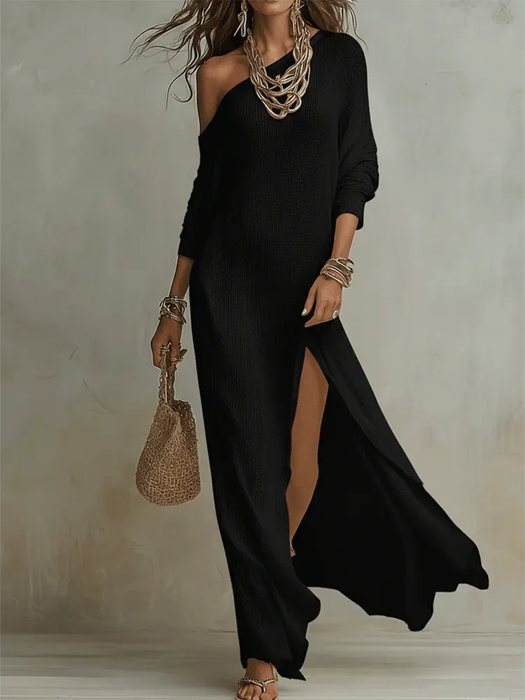 Boho Cozy Off-shoulder Knit Maxi Dress