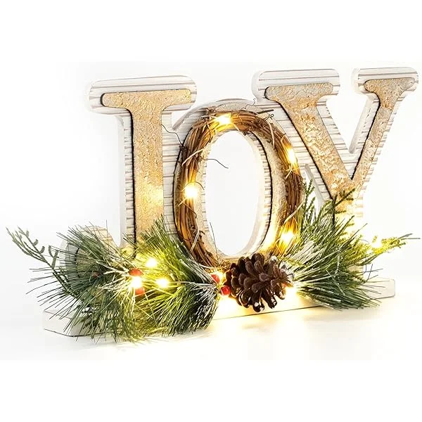 Lighted Wooden Joy Christmas Sign Indoor, White and Gold Christmas Joy Tabletop Decor, Rustic Christmas Table Display Joy Signs for Home Kitchen Fireplace Mantel Joy Sign 12in×7.68in×2.36in