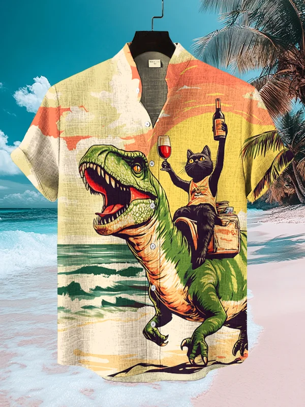 Men's Surreal Art Dinosaur And Black Cat Printed Vacation Short Sleeve Shirt