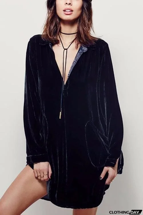 V Neck Pockets Velvet Shirt Dress