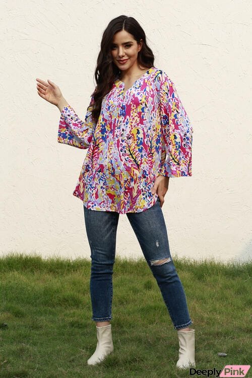 Plus Size Printed Notched Long Sleeve Blouse