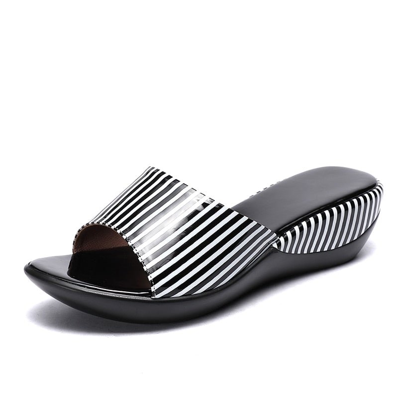 GKTINOO Women Slipper's 2021 Ladies Summer Slippers Shoes Women Wedges Heels Striped Fashion Summer Shoes Geuine Leather