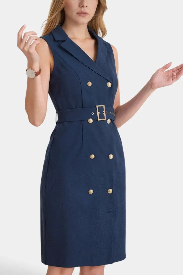 Double-Breasted Sleeveless Blazer Midi Dress with Belt