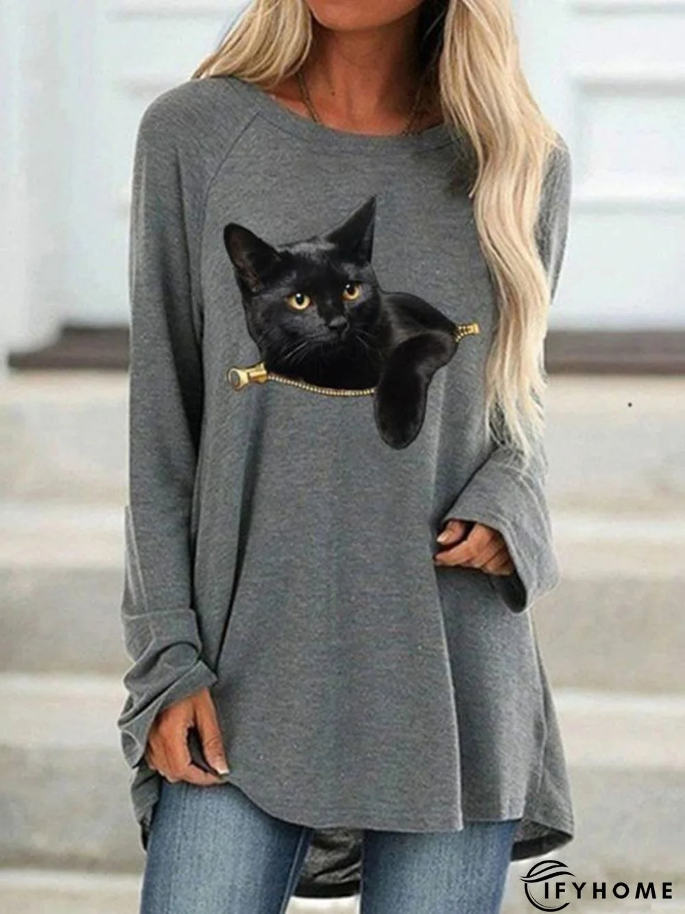 Cat Casual Loose Long Sleeve Tunic T-Shirt | IFYHOME