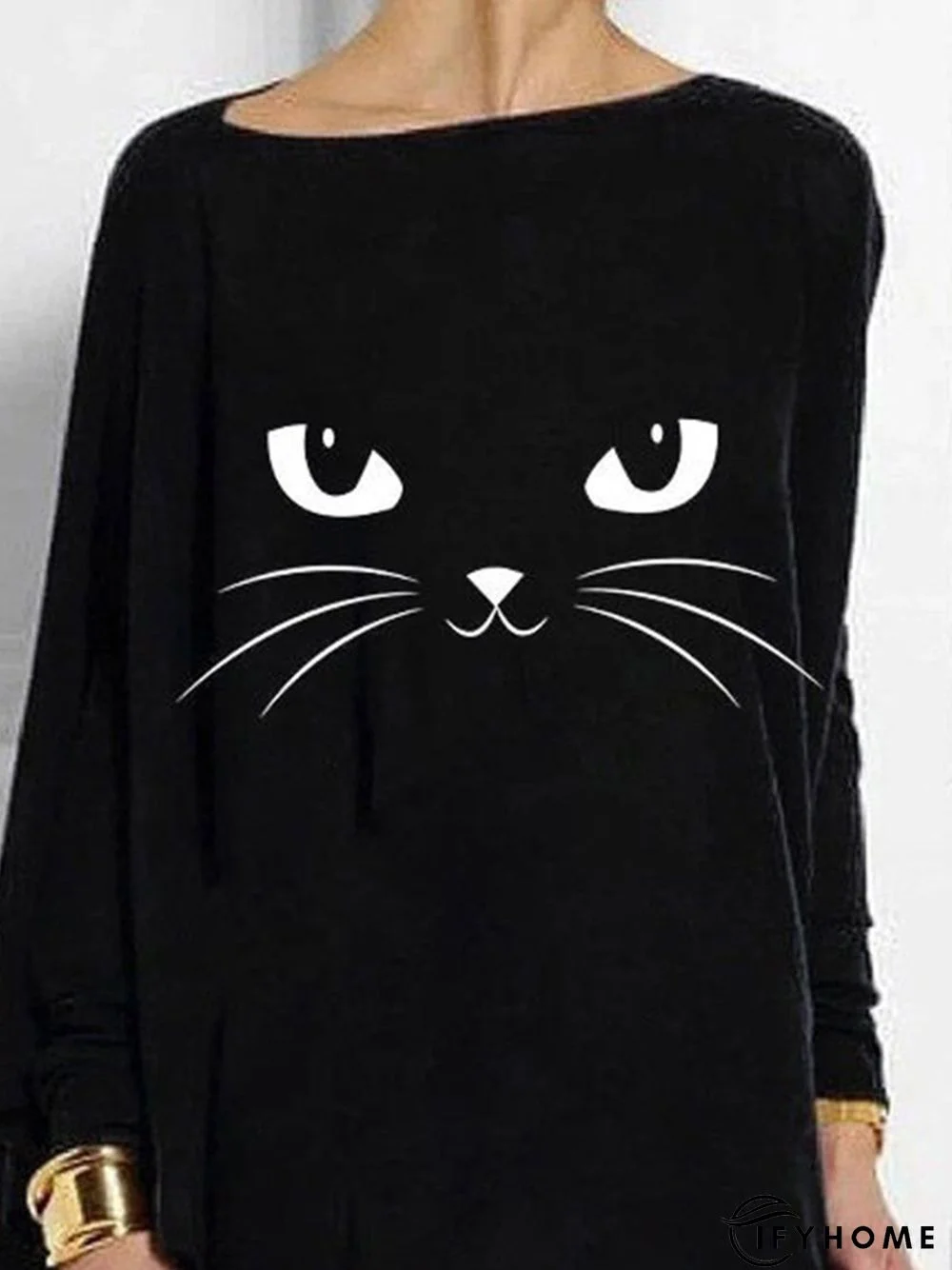 Black Casual Cat Printed Asymmetric Long Sleeve Shift Tunic Top | IFYHOME