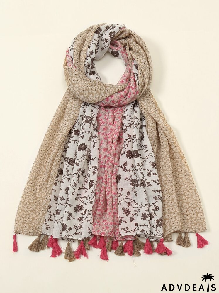 Floral Print Tassel Trim Scarf