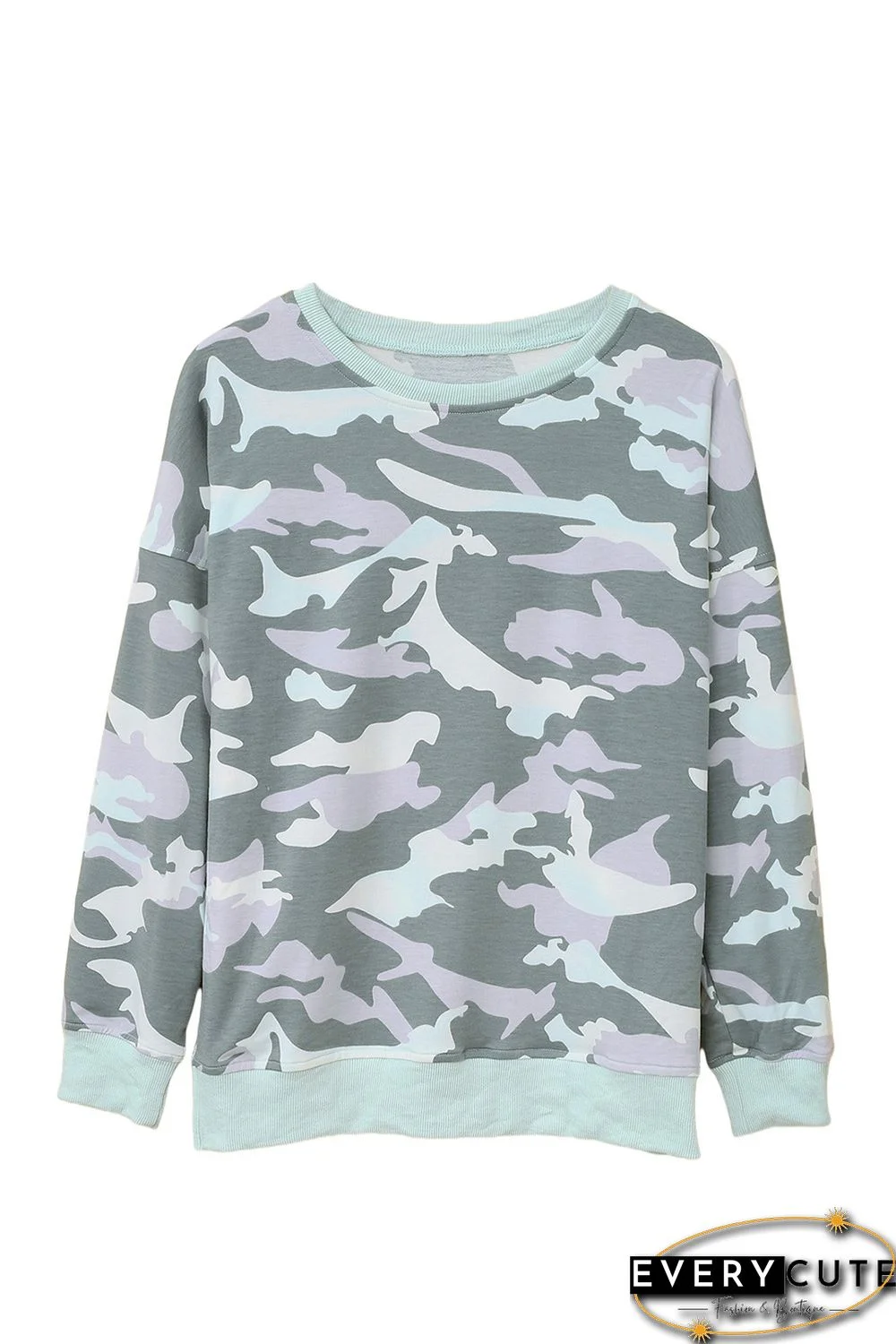 Light Green Camouflage Pullover Sweatshirt with Slits