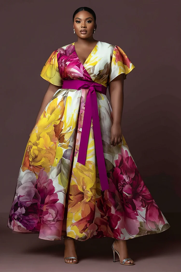Xpluswear Design Plus Size Wedding Guest Multicolor Floral Wrap Neck Short Sleeve Wrap Satin Maxi Dresses [Pre-Order] 2024 - Xpluswear