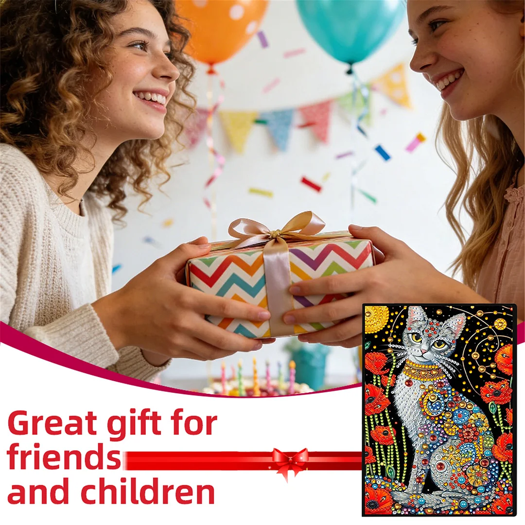 DIY Flower Diamond Painting Journals Notebooks 50 Pages A5 No Lines Special Shaped Diamond Art Kits for Beginners Craft Lovers and Artists (Cat and Flower)