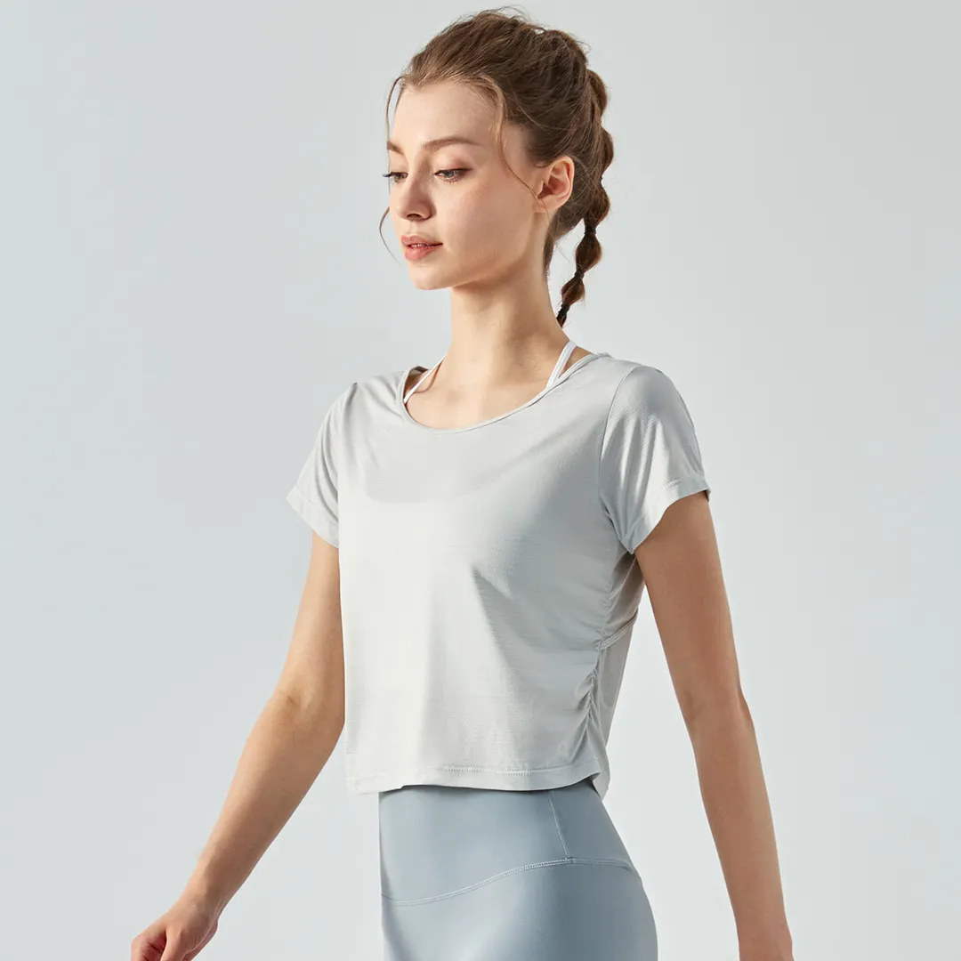 Hergymclothing Misty Gray dry fit open back cotton soft lightweight breathable nature eco skin friendly nylon short sleeve yoga shirt for women for sale