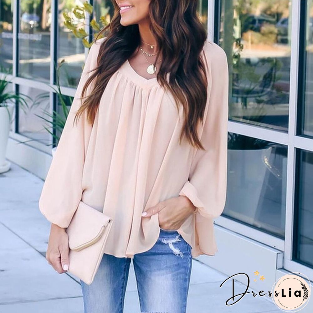 Plus Size XS-8XL Women's Fashion Clothes Pure Color Long Sleeve Shirts Elegant Ladies Casual V-neck Tops Spring and Autumn Bow-knot Lace Up Loose Chiffon Blouse