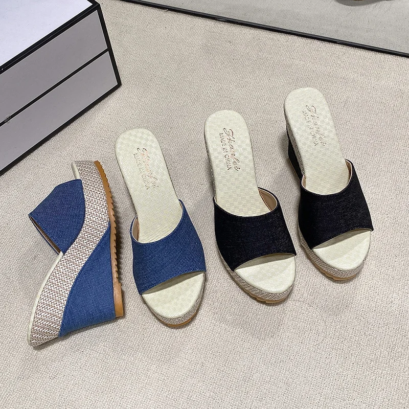 Yyvonne And Fish Mouth Large-Size Slippers Large-Size Summer New Thick Bottom Height Cloth Cold Slippers Woman