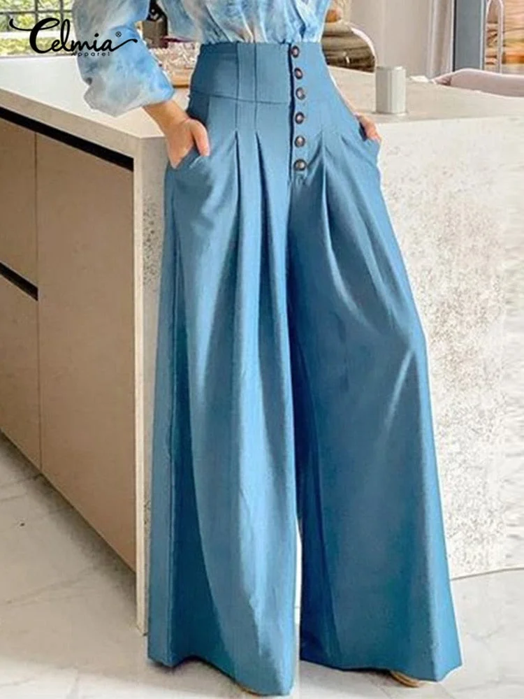 Celmia Office Elastic Waist Pantalones Women Casual Loose Elegant Pockets Long Trousers Button High Waist Pleated Wide Leg Pants