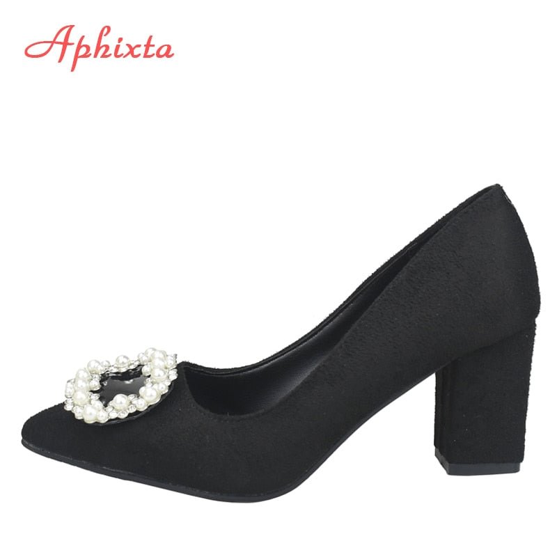 Aphixta Big Size 48 Pumps Women 7cm 5cm Square Heels Pearl Buckle Shoes Woman Classics Pointed Toe Dress Official Party Shoes