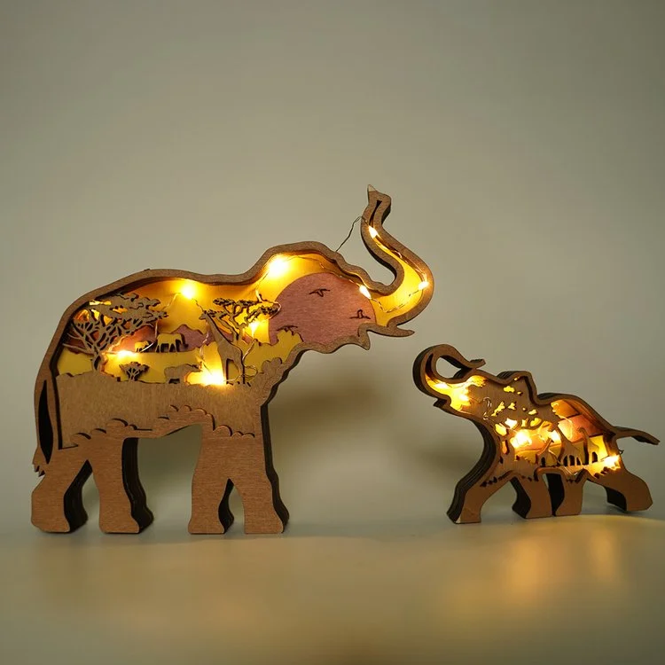 Elephants Totem Wooden Home Decoration 3D Carving Forest Animal Night Light