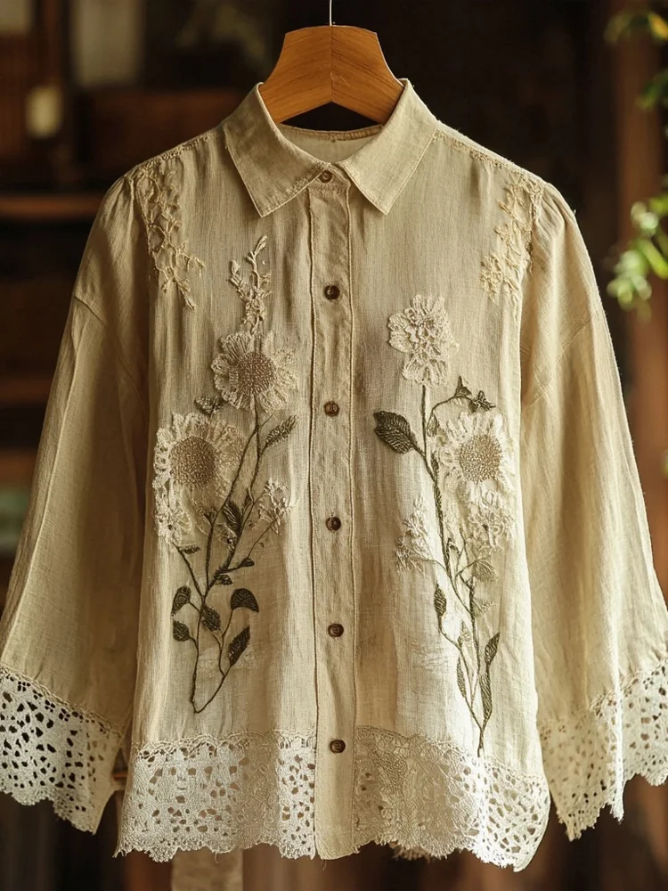 Lunivibe Vintage Floral Embroidered Linen Blend Lace Blouse