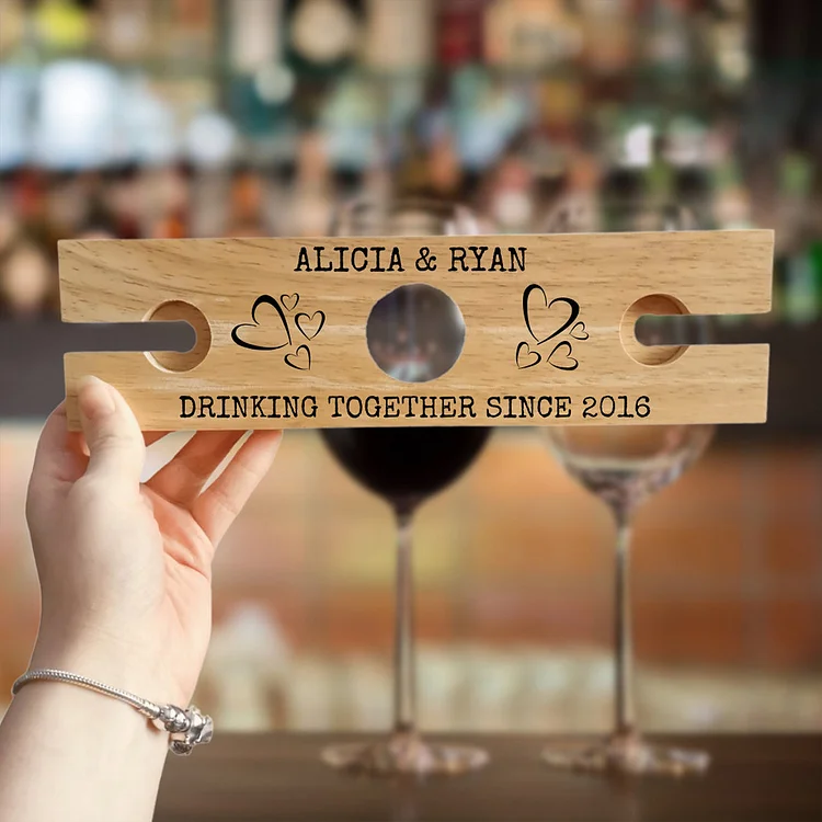 Personalized Wooden Wine Glass Holder Anniversary Table Decor