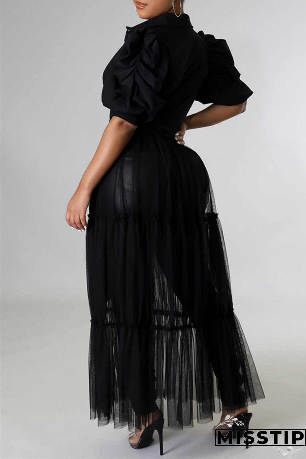 Yellow Fashion Casual Solid Patchwork Mesh Turndown Collar Shirt Dress