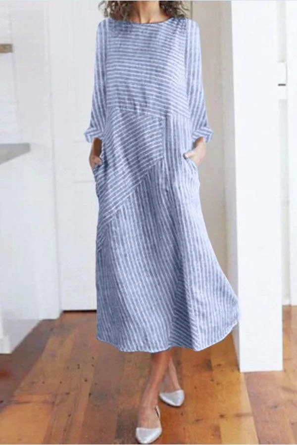 Stripe Side Pockets Long Sleeves Midi Dress