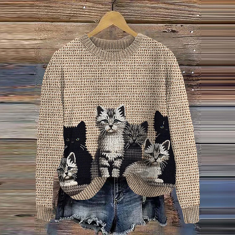 Women's Vintage Cute Cat Art Cozy Crew Neck Sweater