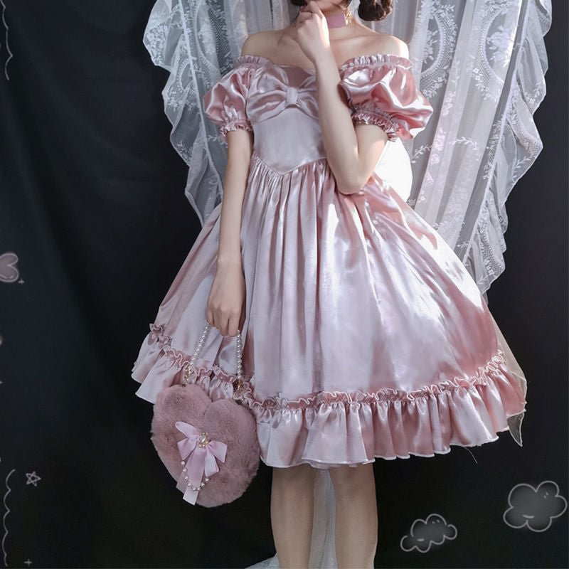 Bella Philosophy Women Vintage Princess Dress Satin Silky Lace Ruffles Bow Party Lolita Dress нарядные платья 2021 Pink dress