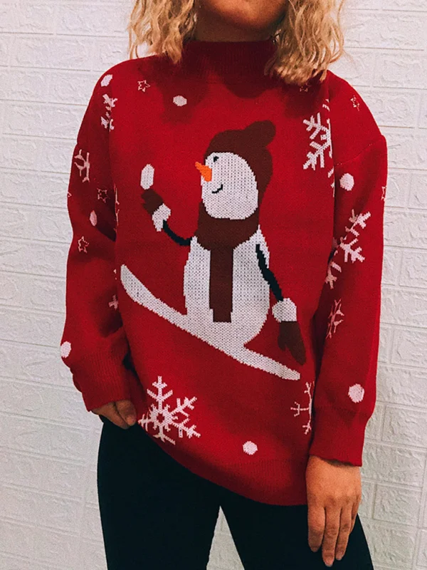 Women's New Year Snowman Snowflake Half Turtleneck Long Sleeve Sweater Christmas Sweater Flusfy