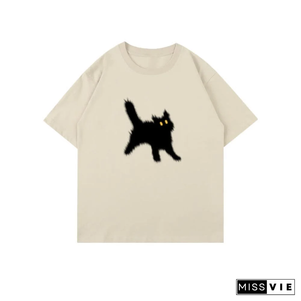 Cartoon Cat Print Round Collar Oversized T-Shirt