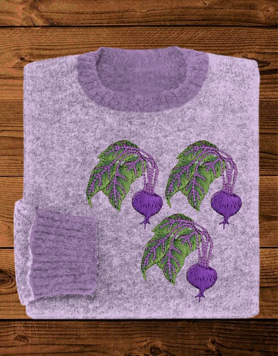 VChics Purple Radish Embroidery Cozy Crew Neck Sweater