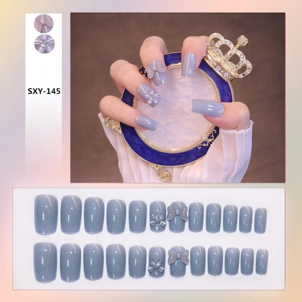 24pcs Detachable Almond Cattle Fake Nails Press On Nails Cartoon Butterfly Pearl Ballerina False Nails with Design Glue Nail Tip