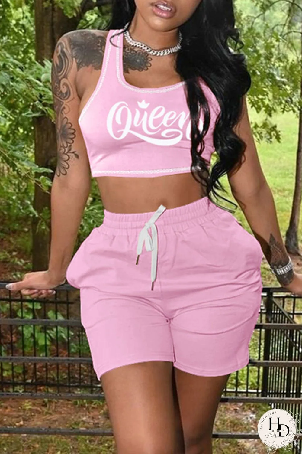 Pink Casual Sportswear Letter Print Vests U Neck Sleeveless Two Pieces(with pocket)