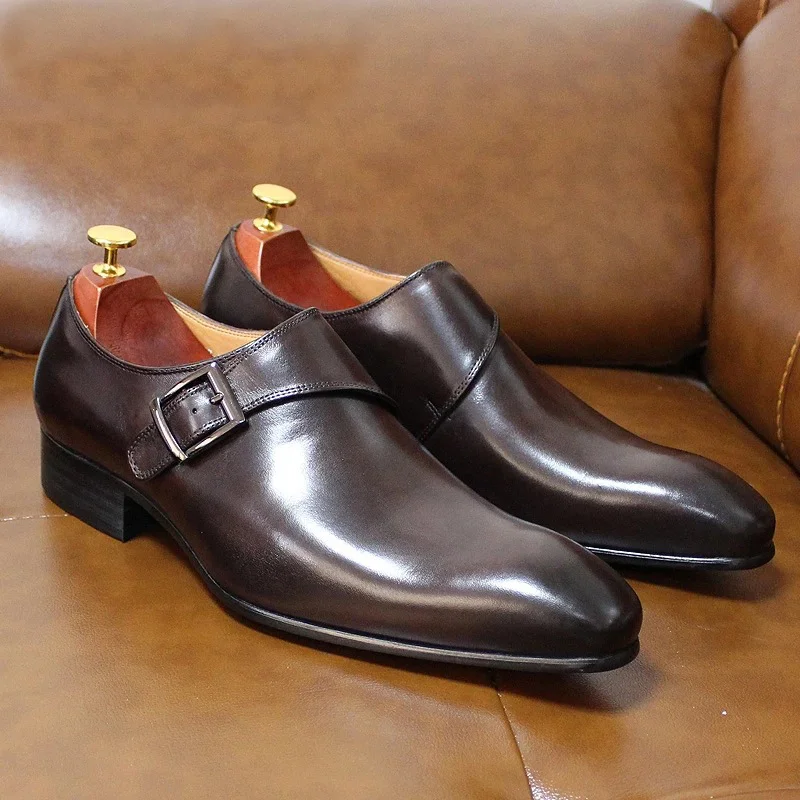 Pointed toe single buckle business casual men's monk leather shoes formal men's shoes