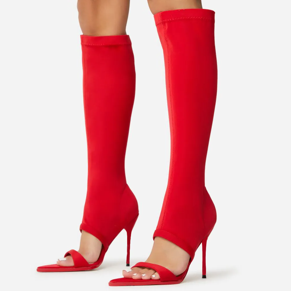 Red Suede Knee Boots Open Toe Stiletto Heel Boots Nicepairs