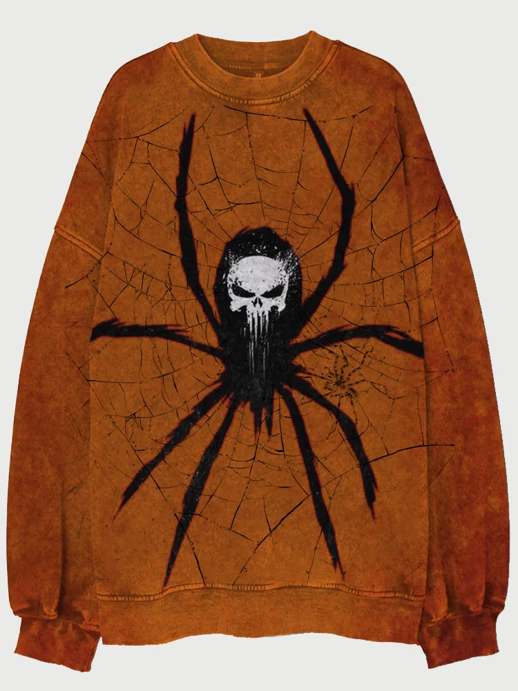 Vintage Halloween Skull Spider On Cobweb Washed Sweatshirt