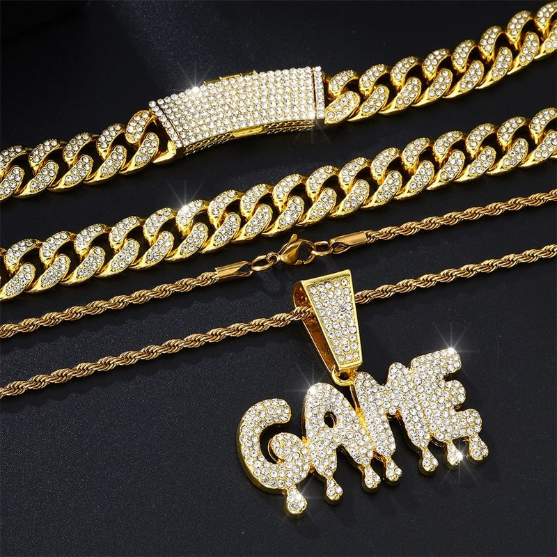 Hip Hop Game Letter Pendant Necklace Full Diamond Full Zirconium Gold Plated Cuban Link Chain Advanced Accessories