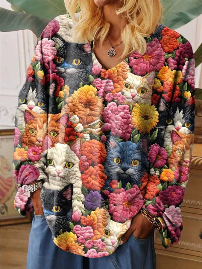 Women's Floral Cat Embroidery Printed V-Neck Long Sleeve Top