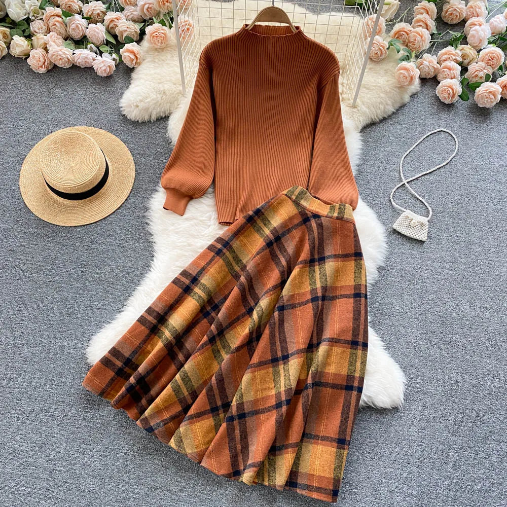 Aiertu  Women Retro Sweater Suits Fashion Lantern Sleeve Sheath Knitted Top+Elastic Loose Long Skirt Two Pieces Sets Aiertu