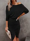 Wrap Asymmetric Pleated Off-The-Shoulder Long Sleeves Midi Dress