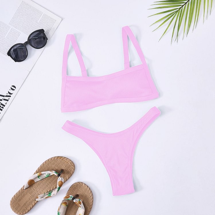 Flaxmaker Adjustable Sexy Ribbed Bikini Solid Color Swimsuit