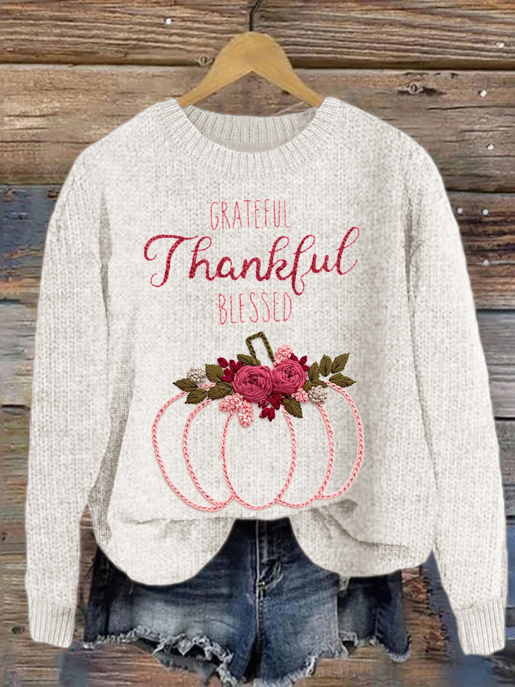 Grateful Thankful Blessed Pink Pumpkin Floral Embroidered Cozy Sweater