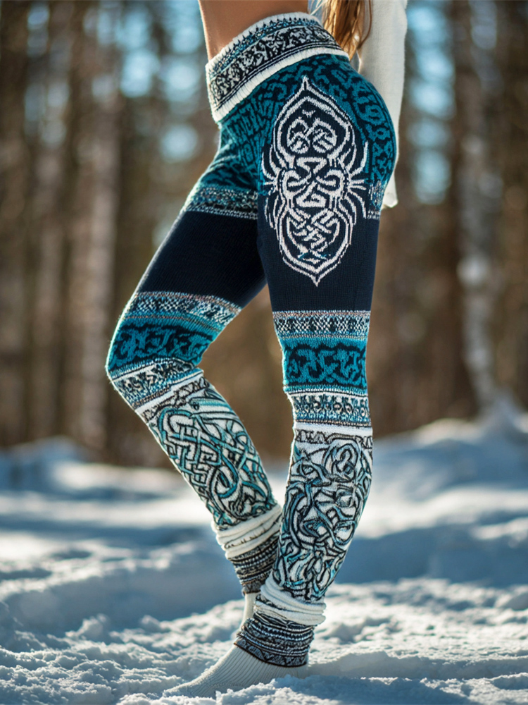 Viking Myth Celtic Knot Pattern Women's Knit Leggings elevenforest