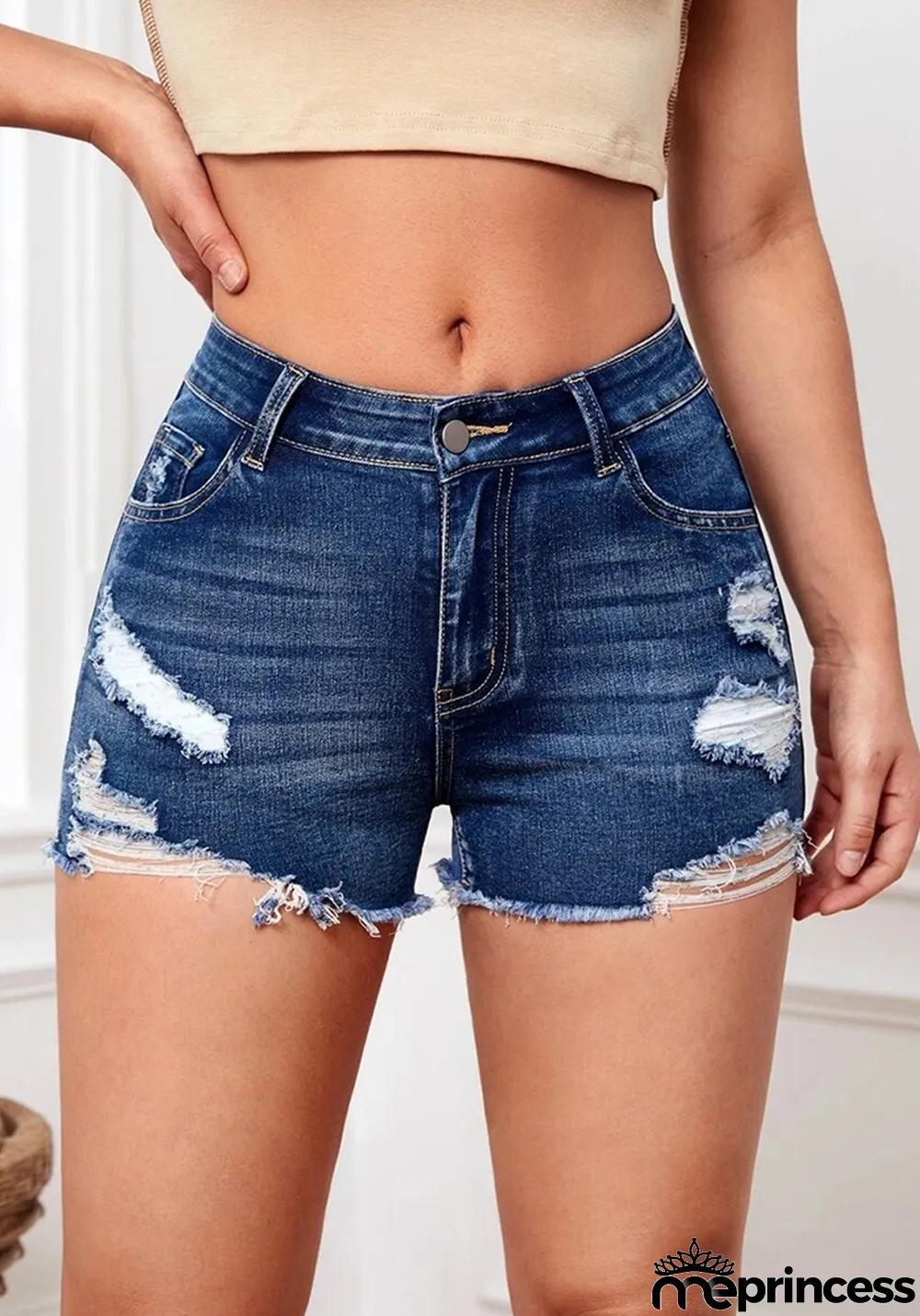 Ladies Stretch Denim Pants Ripped Cuffed Shorts High Waist Denim Pants