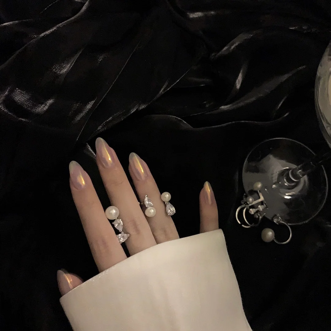 24pcs Aurora Pearl Powder Fake Nails Full cover Fake Nails Glue DIY Manicure Nail Art Tools-Nail Inspo